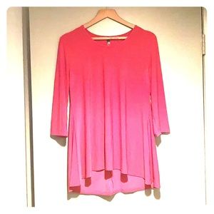 Bright pink 3/4 sleeve tunic with asymmetrical hem